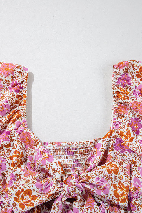 Pink Floral Square Neck Knotted Ruffle Midi Dress